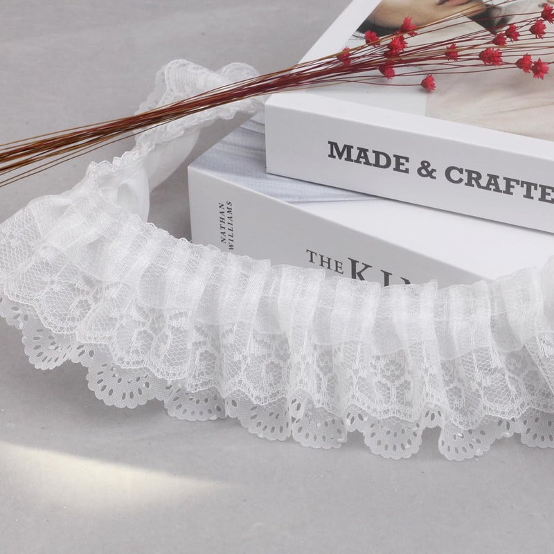 YYCRAFT Pack of 15y 3-Layer Pleated Organza Lace Edge Trim Gathered Mesh Chiffon Ribbon - Image 1